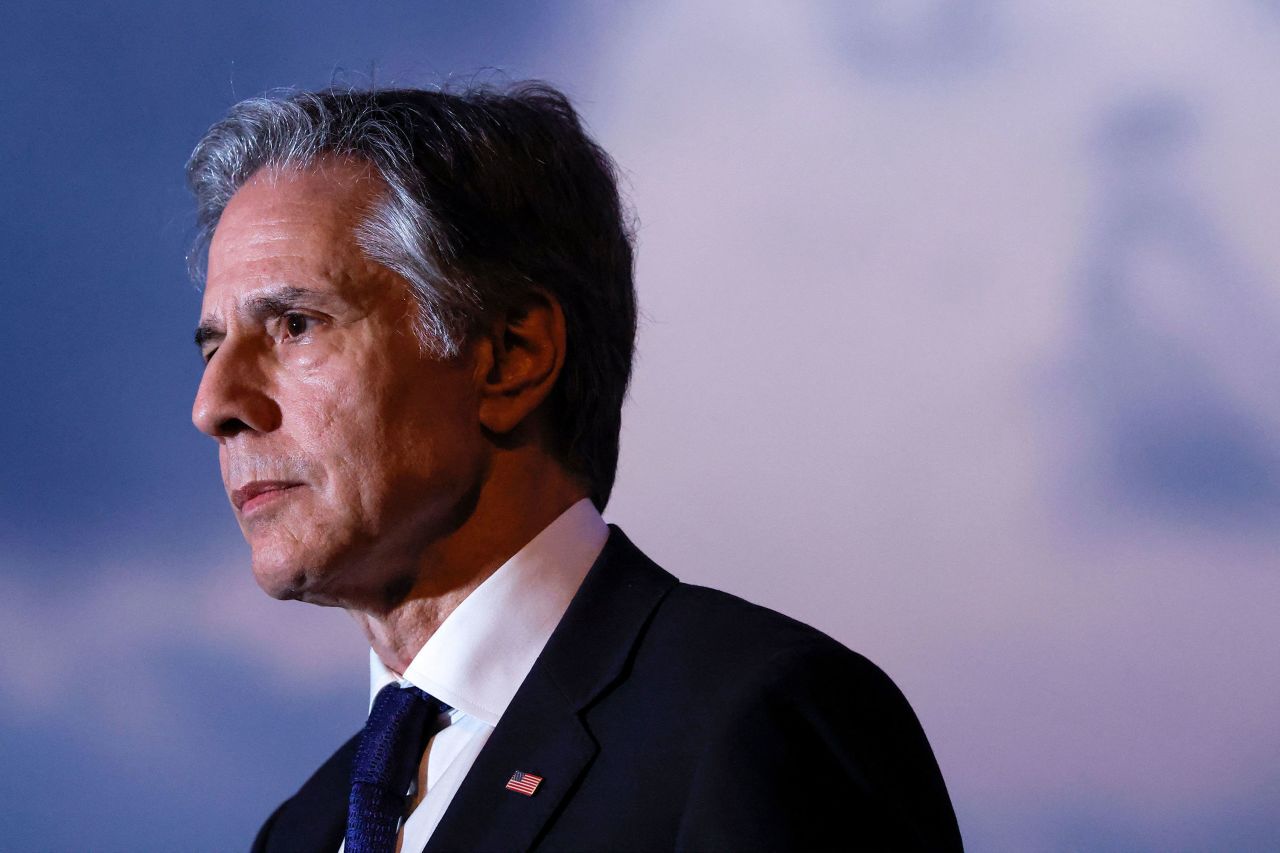 US Secretary of State Antony Blinken speaks to the press at the port of Ashdod in southern Israel on May 1.
