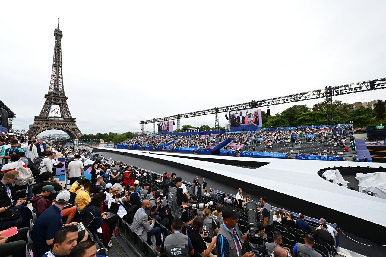 The Eiffel Tower seen before the opening ceremony for the Paris 2024 Olympic Games on July 26.