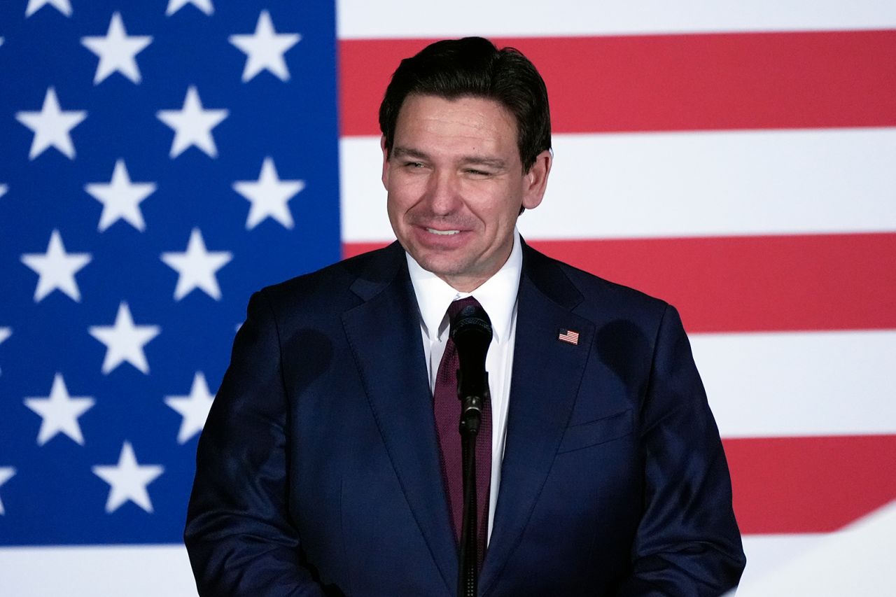  Ron DeSantis speaks to supporters during a caucus night party, in West Des Moines, Iowa on Monday.