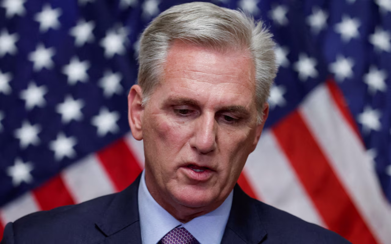 Former Speaker of the House Kevin McCarthy speaks to reporters after he was ousted, in Washington, DC, on October 3. 