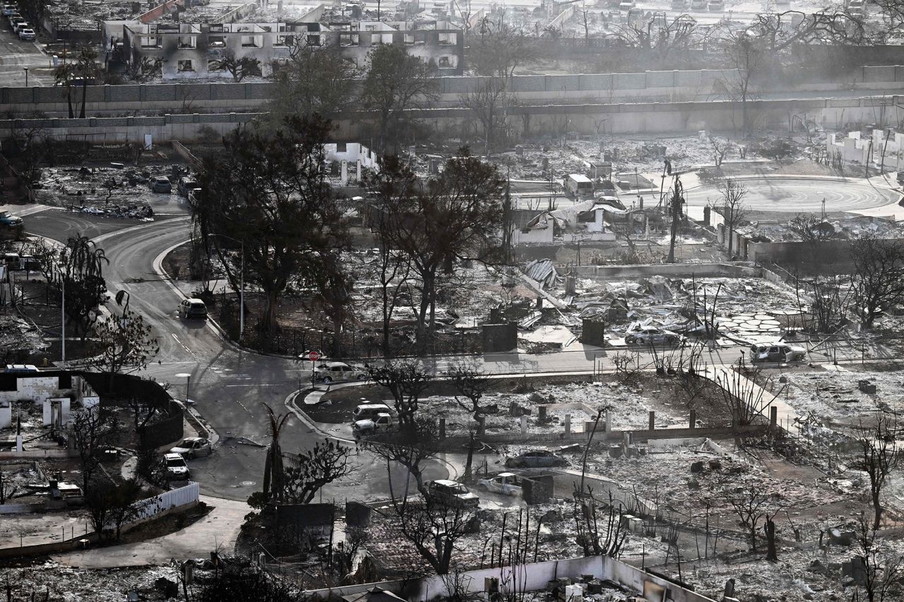 An aerial image taken on August 10, 2023 shows destroyed homes and buildings burned to the ground in Lahaina in the aftermath of wildfires in western Maui, Hawaii.