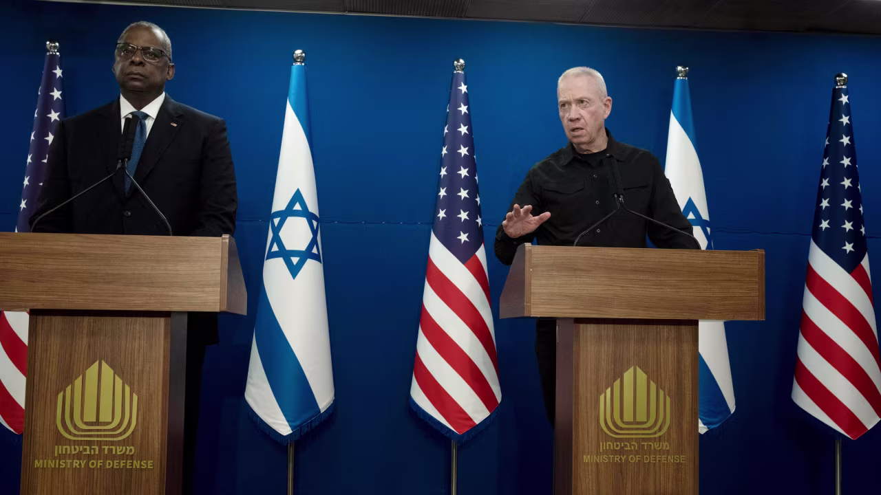 Israeli Defense Minister Yoav Gallant, right, attends a news conference with US Defense Secretary Lloyd Austin on Monday. Gallant hinted at the possibility of allowing displaced civilians to return to northern Gaza once Israel achieves its military objectives there.