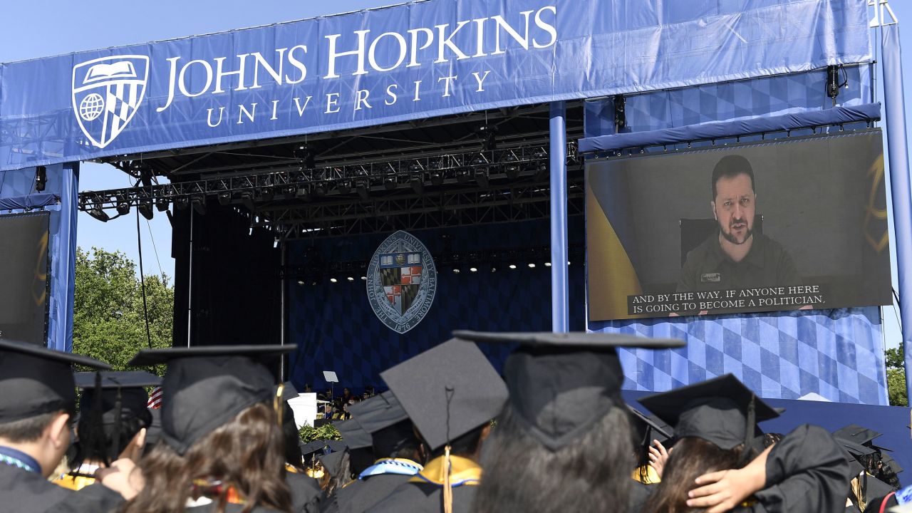Ukrainian President Volodymyr Zelensky addresses the graduating class of Johns Hopkins University on Thursday.