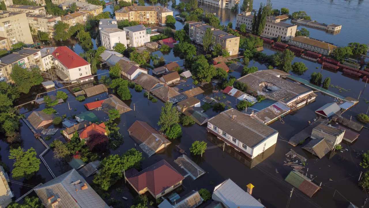 A view shows a flooded area after the Nova Kakhovka dam breached in Kherson on Thursday.