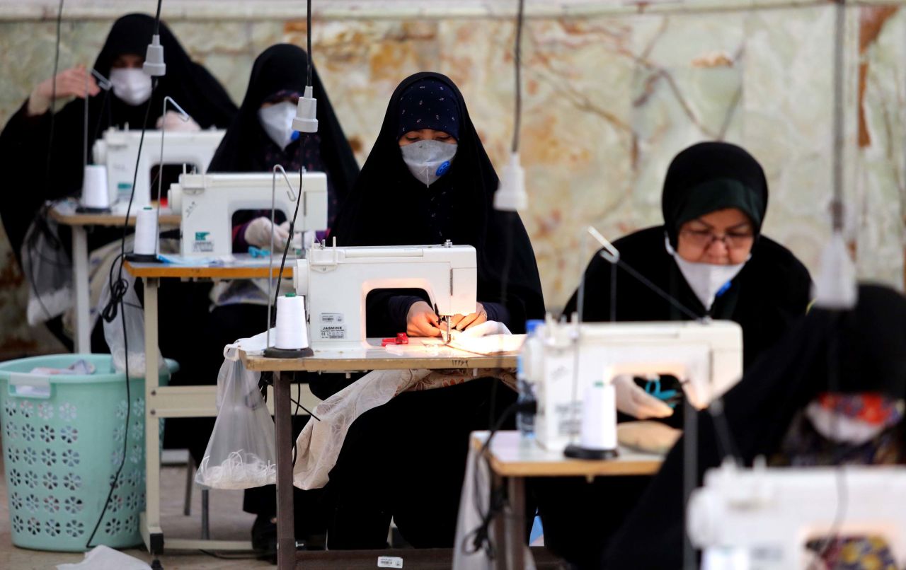 Women make face masks and other protective items at a mosque in Tehran, Iran, on April 5.