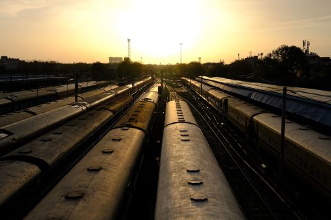 Trains sit idle at the Delhi Junction railway station in Delhi, India, on March 30.