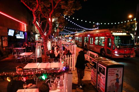 The outdoor patio at Roccos WeHo on Santa Monica Blvd., remains open on November 25 a few hours before a Covid-19 curfew closes LA County restaurants.
