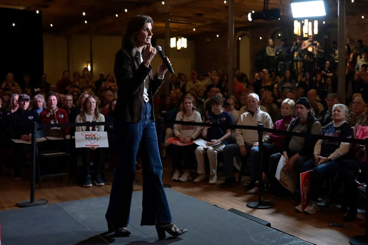 Republican presidential candidate Nikki Haley speaks at a campaign event in Spartanburg, South Carolina, on Monday.