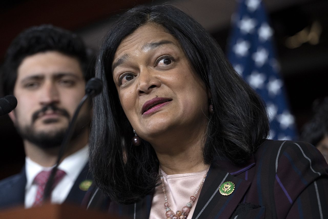 Congressional Progressive Caucus Chair Rep. Pramila Jayapal, D-Wash., right, next to Rep. Greg Casar, D-Texas, speaks about the threat of default during a news conference, Wednesday, May 24 on Capitol Hill in Washington.