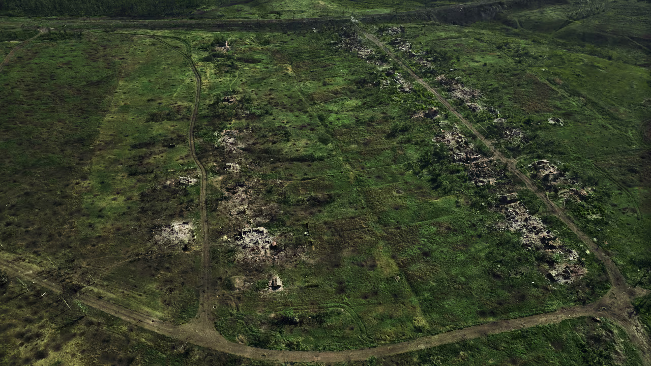 Aerial view of the ruined houses in the destroyed village of Opytne near Bakhmut, the site of fierce battles with the Russian forces in the Donetsk region, Ukraine, on Sunday, September 3. 