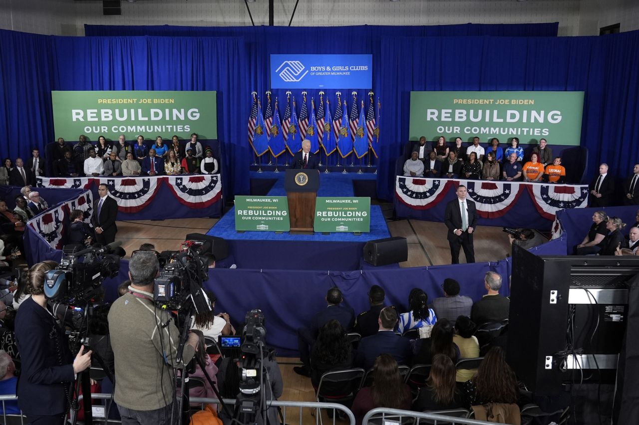 President Joe Biden speaks at the Pieper-Hillside Boys & Girls Club in Milwaukee on March 13.