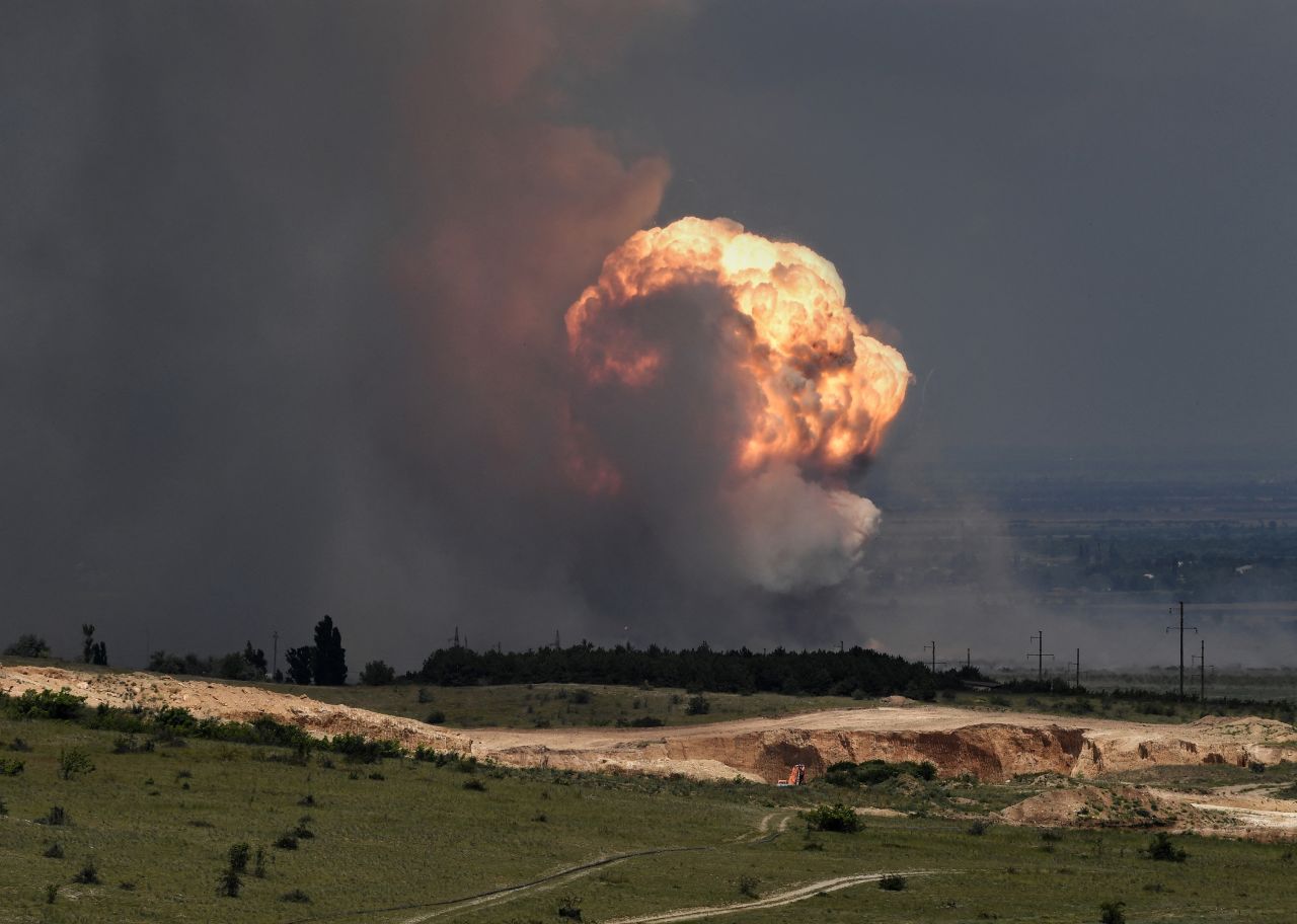 An explosion of ammunition at a military training field in Crimea, on Wednesday.
