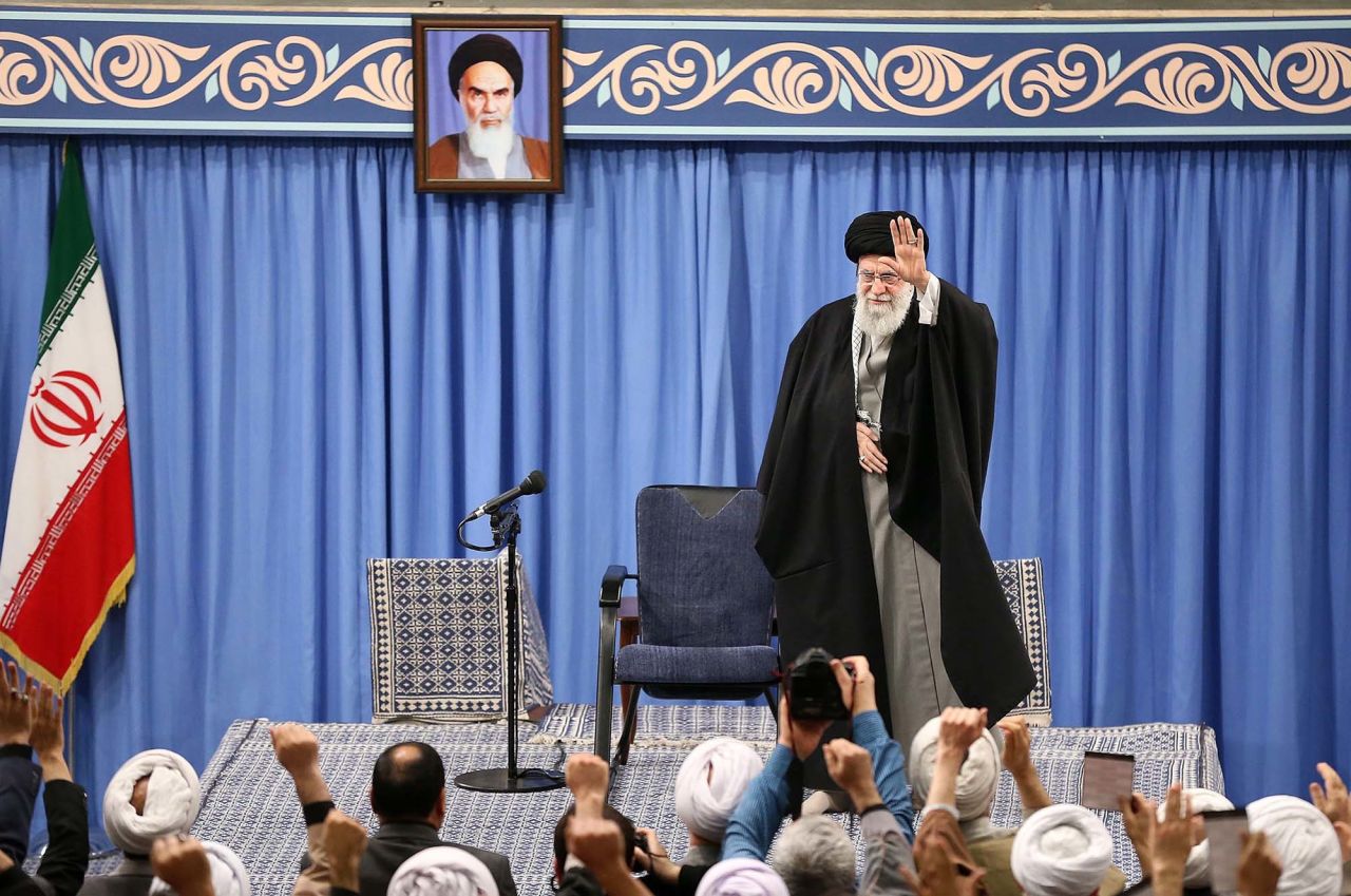 Iranian Supreme Leader Ayatollah Ali Khamenei attends a meeting on Wednesday to speak about the missile attacks on US bases in Iraq. 