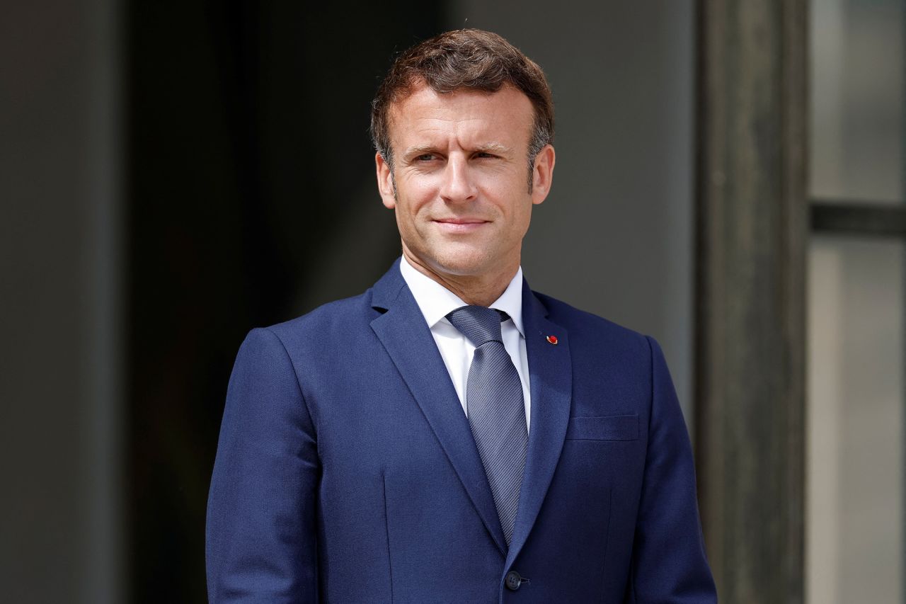 French President Emmanuel?Macron?welcomes a guest at the Elysee Palace in Paris, France, on June 10.