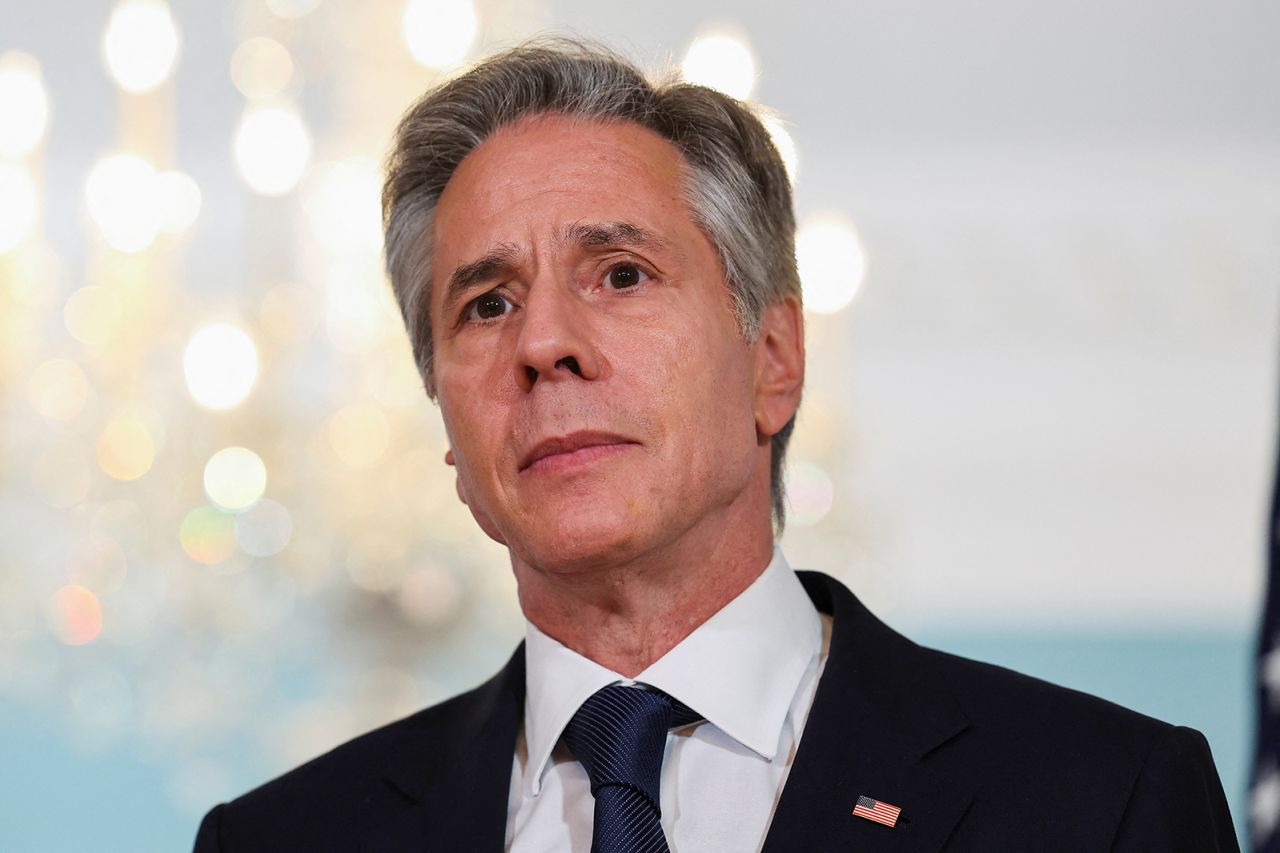 U.S. Secretary of State Antony Blinken speaks to media with El Salvador’s Foreign Minister Alexandra Hill at the State Department in Washington, DC, on August 7, 2023.