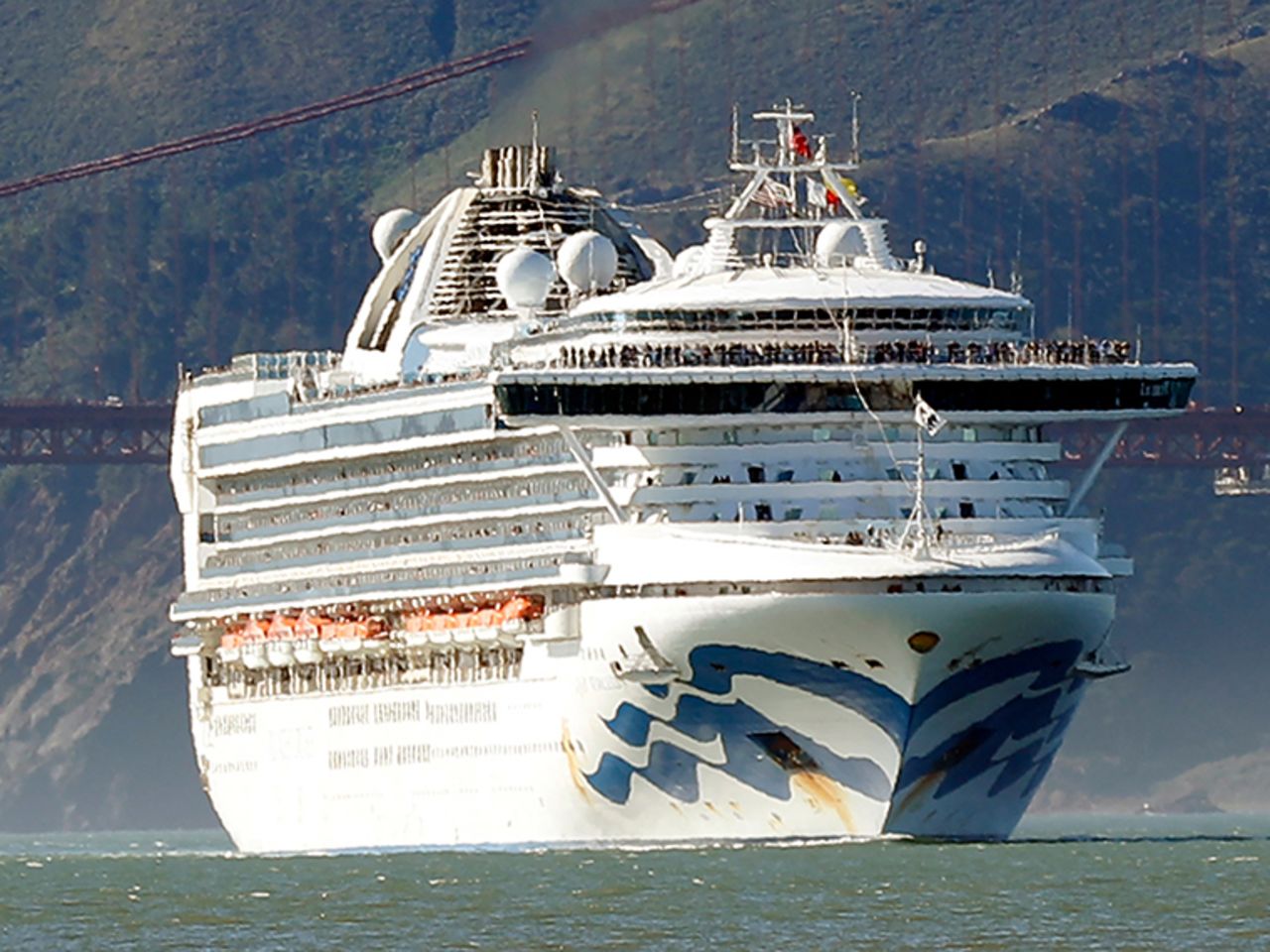 The Grand Princess cruise ship passes the Golden Gate Bridge on February 11, as it arrives from Hawaii in San Francisco. 