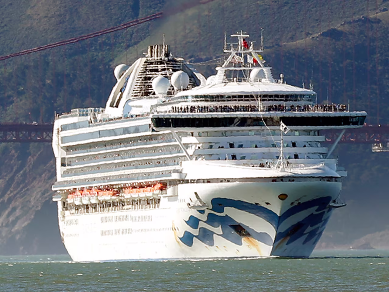 The Grand Princess cruise ship passes the Golden Gate Bridge on February 11, as it arrives from Hawaii in San Francisco. 