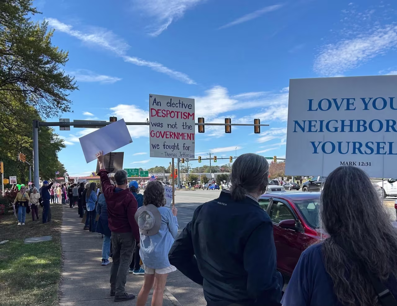 Protesters participate in a "No Kings" rally in Charlottesville, Virginia, on Saturday.