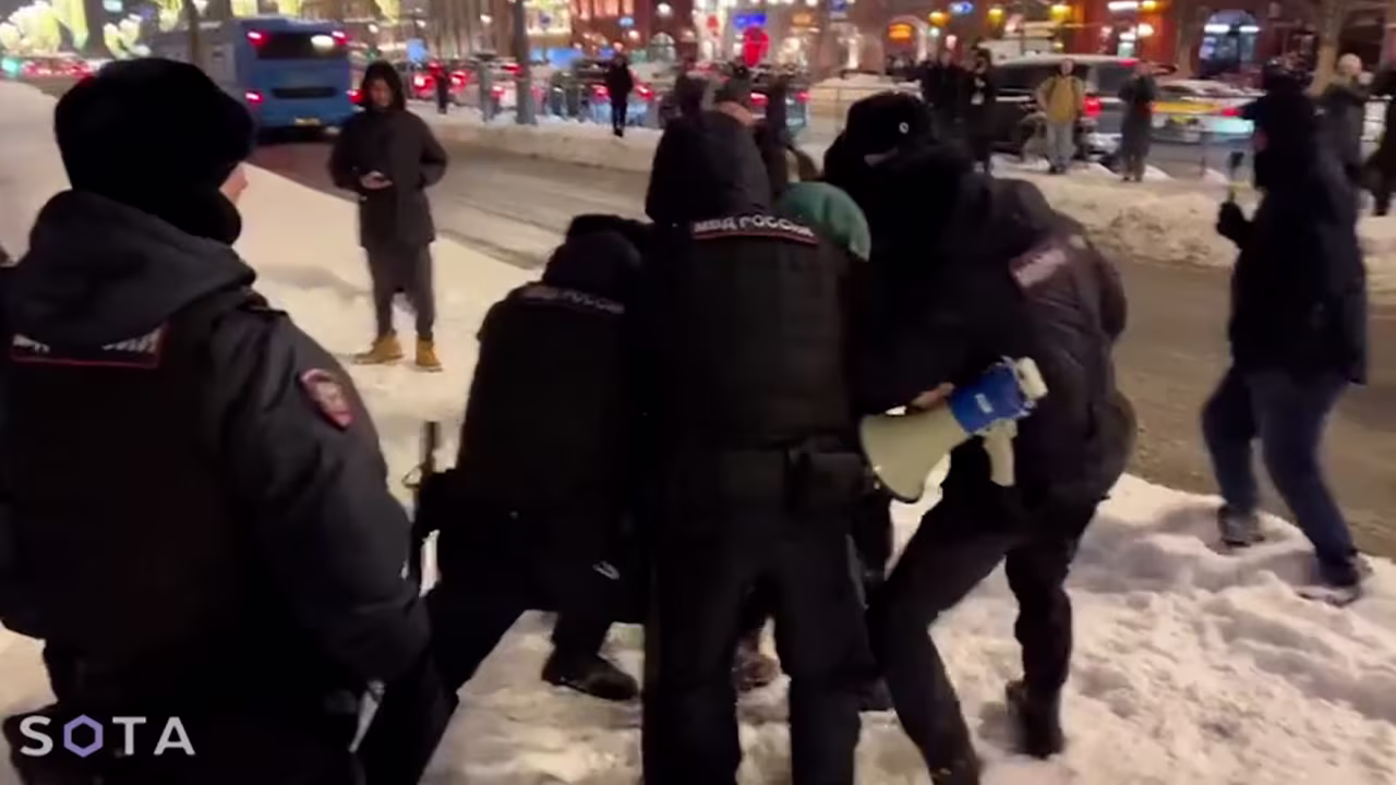 A frame from video from independent Russian news outlet SOTA, shows hows a skirmish between police and a protester in Moscow on Fridday, February 16.