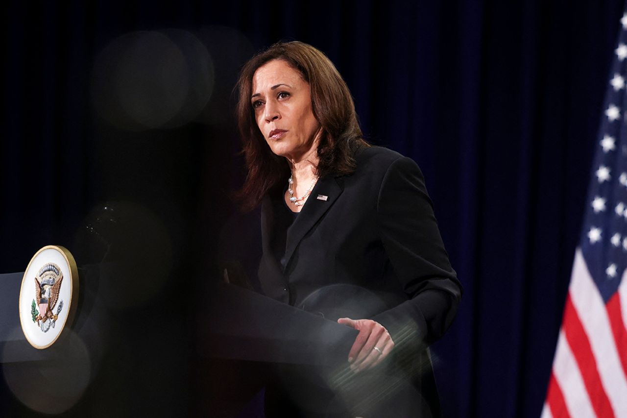 Vice President Kamala Harris holds a press conference before departing Vietnam for the United States on August 26.