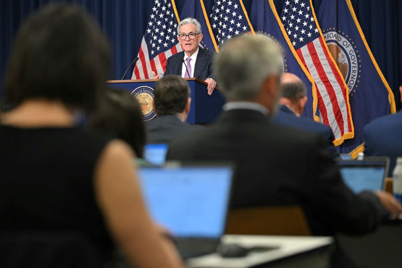 US Federal Reserve chairman Jerome Powell during a press conference in Washington, DC, today. 