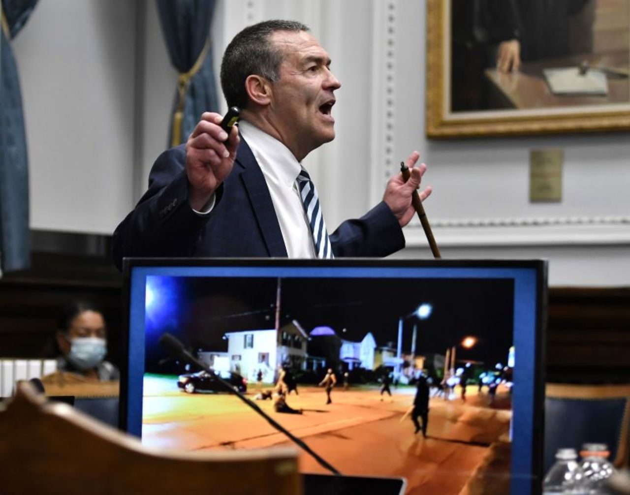 Defense attorney Mark Richards gives his closing argument in Kenosha, Wisconsin, on Monday.