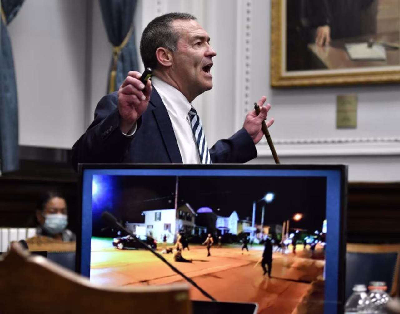 Defense attorney Mark Richards gives his closing argument in Kenosha, Wisconsin, on Monday.
