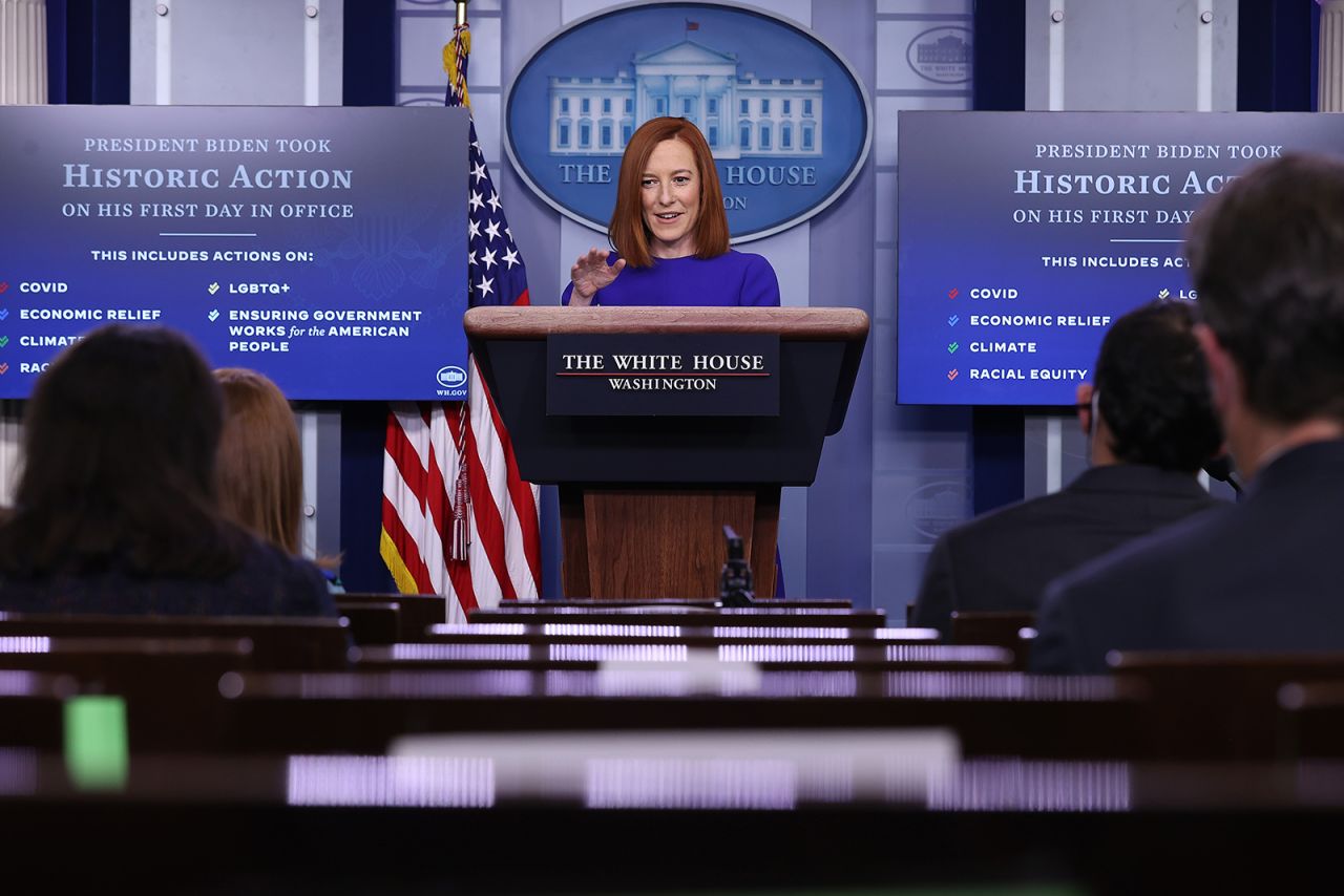 White House Press Secretary Jen Psaki conducts her first news conference of the Biden Administration at the White House on Wednesday, January 20, in Washington.