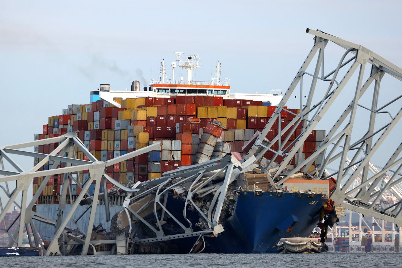 A view of the Dali cargo vessel which crashed into the Francis Scott Key Bridge causing it to collapse in Baltimore, Maryland, on March 26.