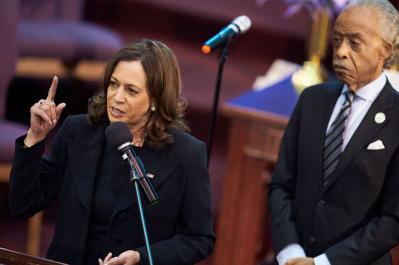 Vice President Kamala Harris speaks at the funeral service for Ruth Whitfield in Buffalo, New York, on May 28. 