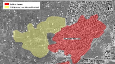 This image shows areas of concentrated building damage and artillery craters between February 5 and March 5 in Homs, Syria.