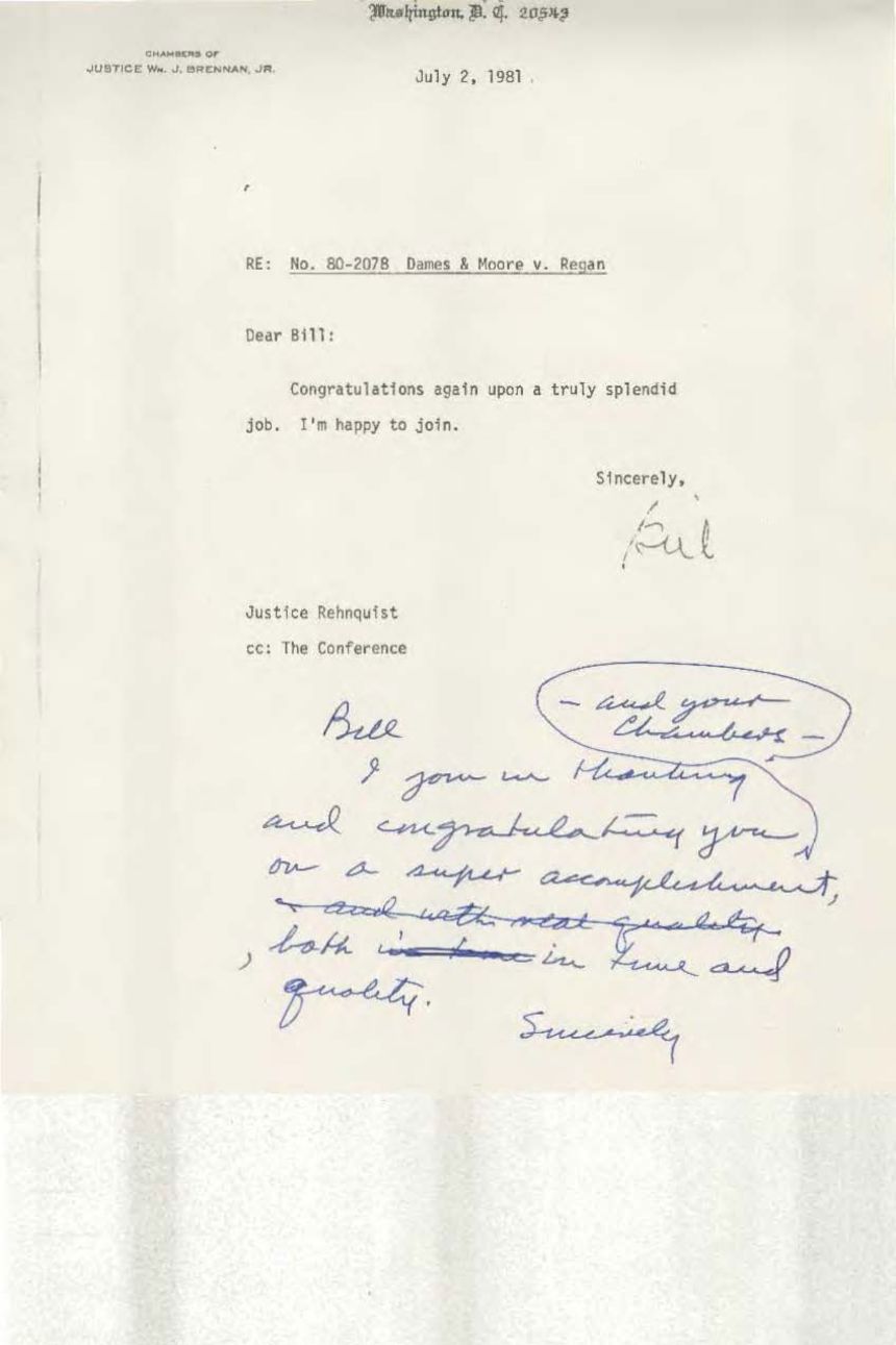 Letter from Justice Brennan to Justice Rehnquist.