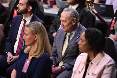 Senate Majority Leader Chuck Schumer attends Judge Ketanji Brown Jackson's hearing on her nomination on Capitol Hill, Wednesday, March 23.