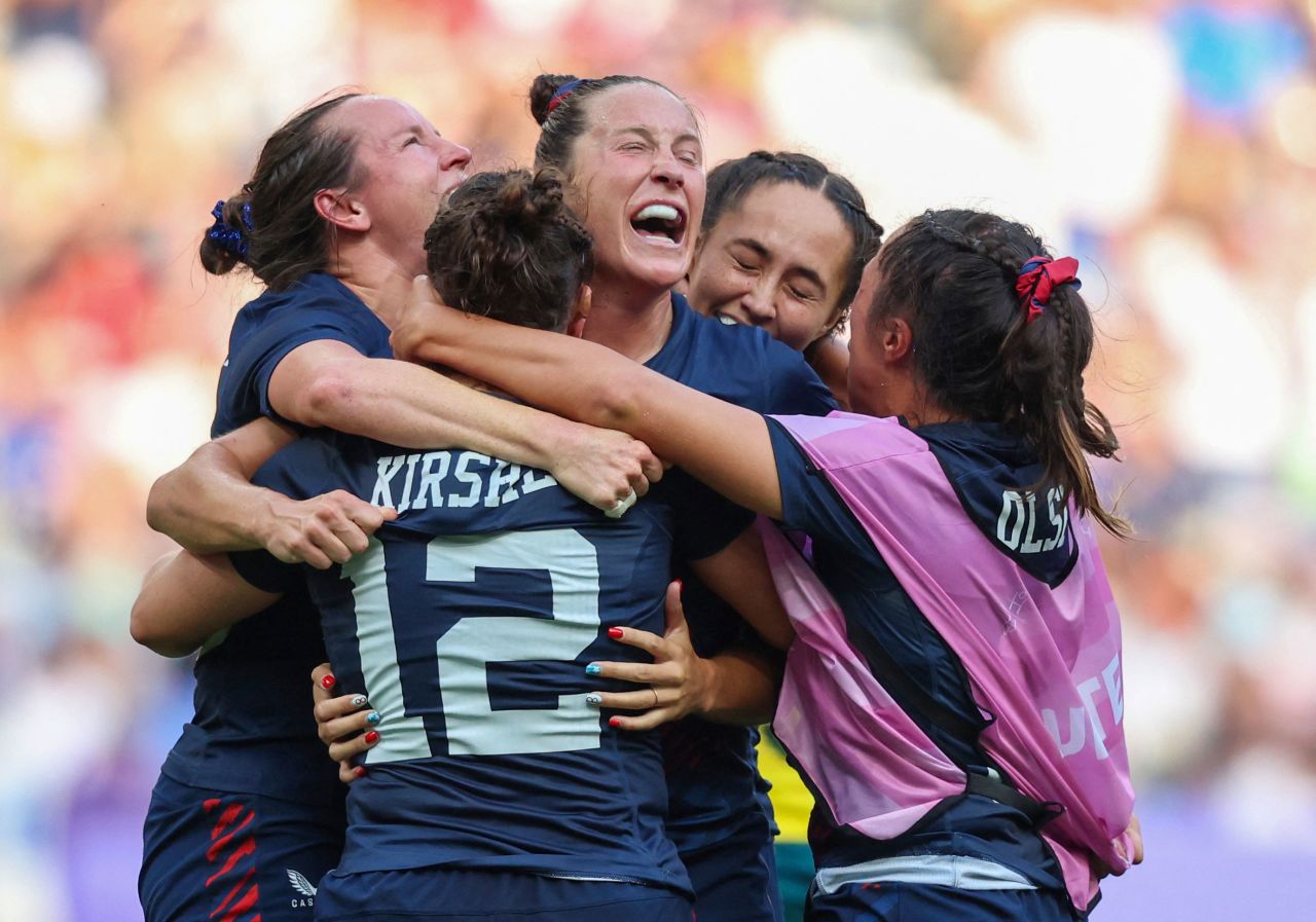 Team USA celebrates after winning bronze in women's rugby 7's on Tuesday.