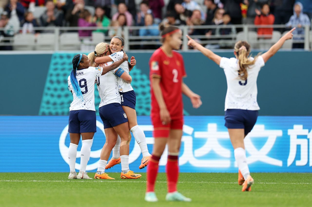 Sophia Smith, third left, celebrates with teammates after scoring against Vietnam.