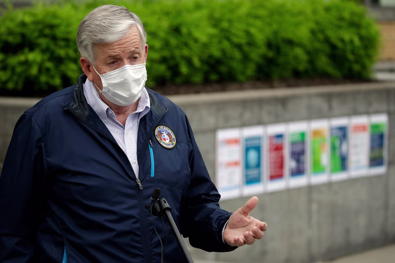 Missouri Gov. Mike Parson talks to the media outside Ford's Kansas City Assembly Plant in Claycomo, Missouri, on May 15.