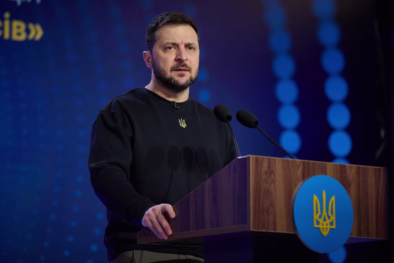 Ukrainian President Volodymyr Zelensky speaks at the "Human Rights in Dark Times" International Conference in Kyiv, Ukraine on December 9.