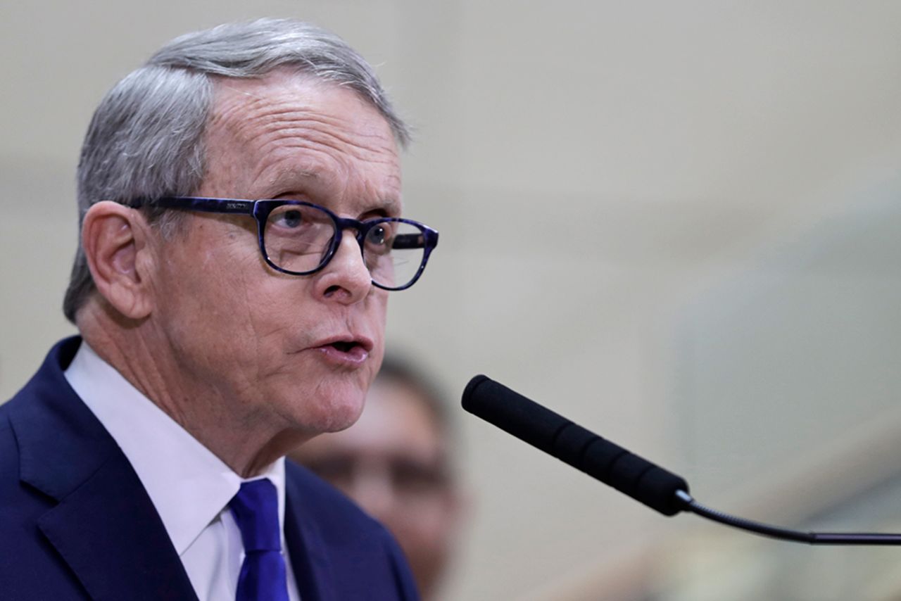 In this Feb. 27 photo, Ohio Gov. Mike DeWine gives an update on coronavirus preparedness at MetroHealth Medical Center in Cleveland, Ohio. 