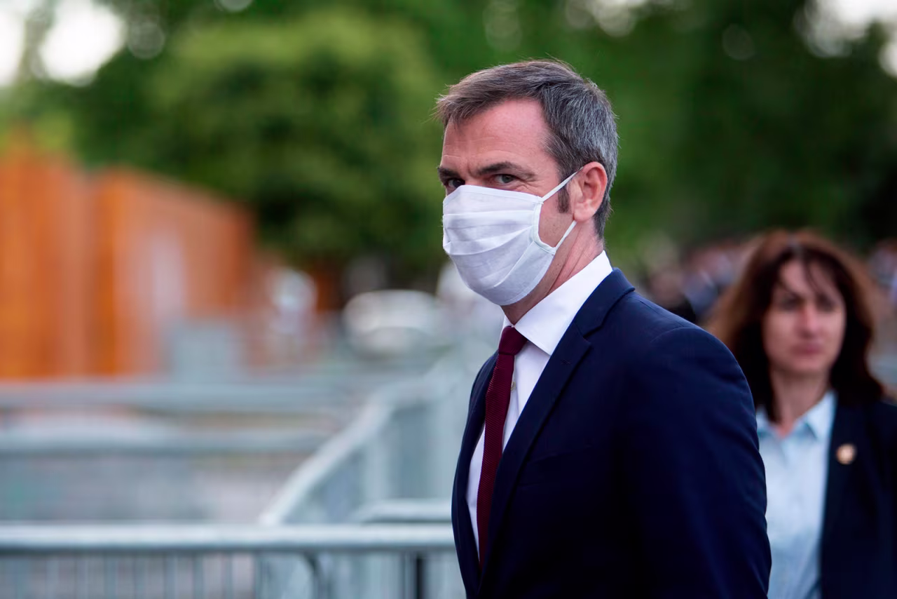 French Health Minister Olivier Veran arrives at the Grand Palais prior to a reception gathering 800 medical staff that helped during the novel coronavirus crisis in Paris, on July 13.