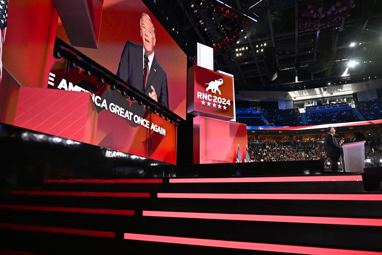 Former Secretary of State Mike Pompeo speaks during the fourth day of the Republican National Convention on Thursday, July 18, in Milwaukee.