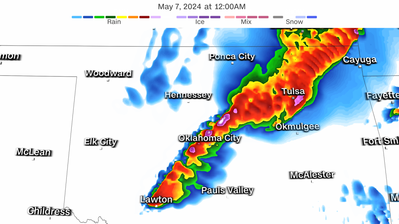 One forecast model depiction of how storms could move through the Oklahoma City area Monday night.