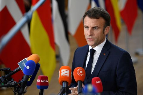 French President Emmanuel Macron arrives for the first day of a EU leaders Summit at The European Council Building in Brussels, Belgium, on October 20.