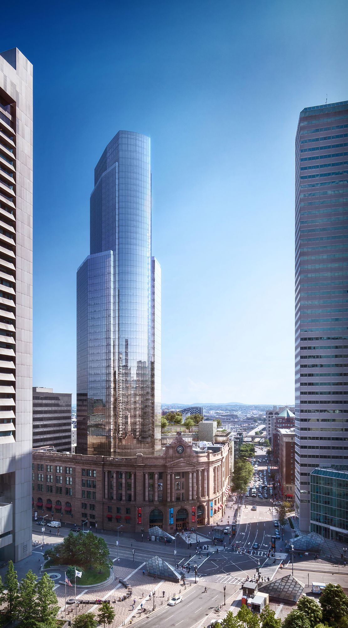 The South Station Tower rises above the historic transport hub.