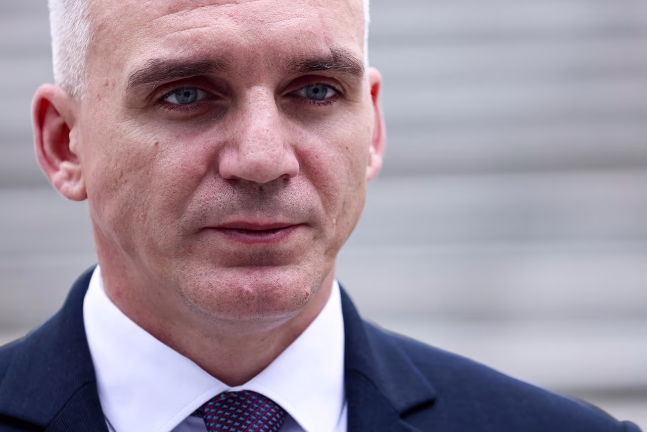 Oleksandr Sienkevych speaks during an interview in Brussels on May 24.
