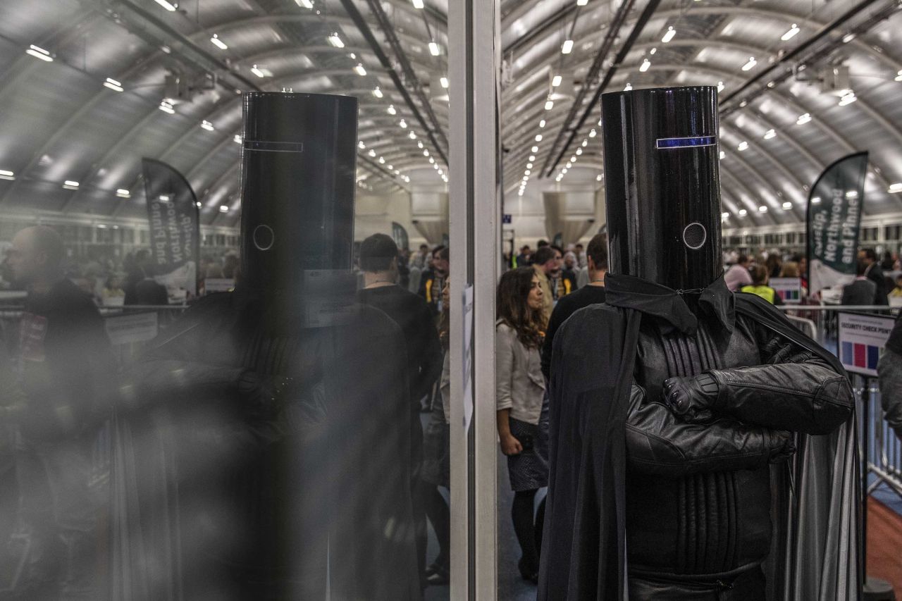 Independent candidate 'Lord Buckethead' jokes with members of the media as the count continues at the Uxbridge and South Ruislip. Photo: Dan Kitwood/Getty Images