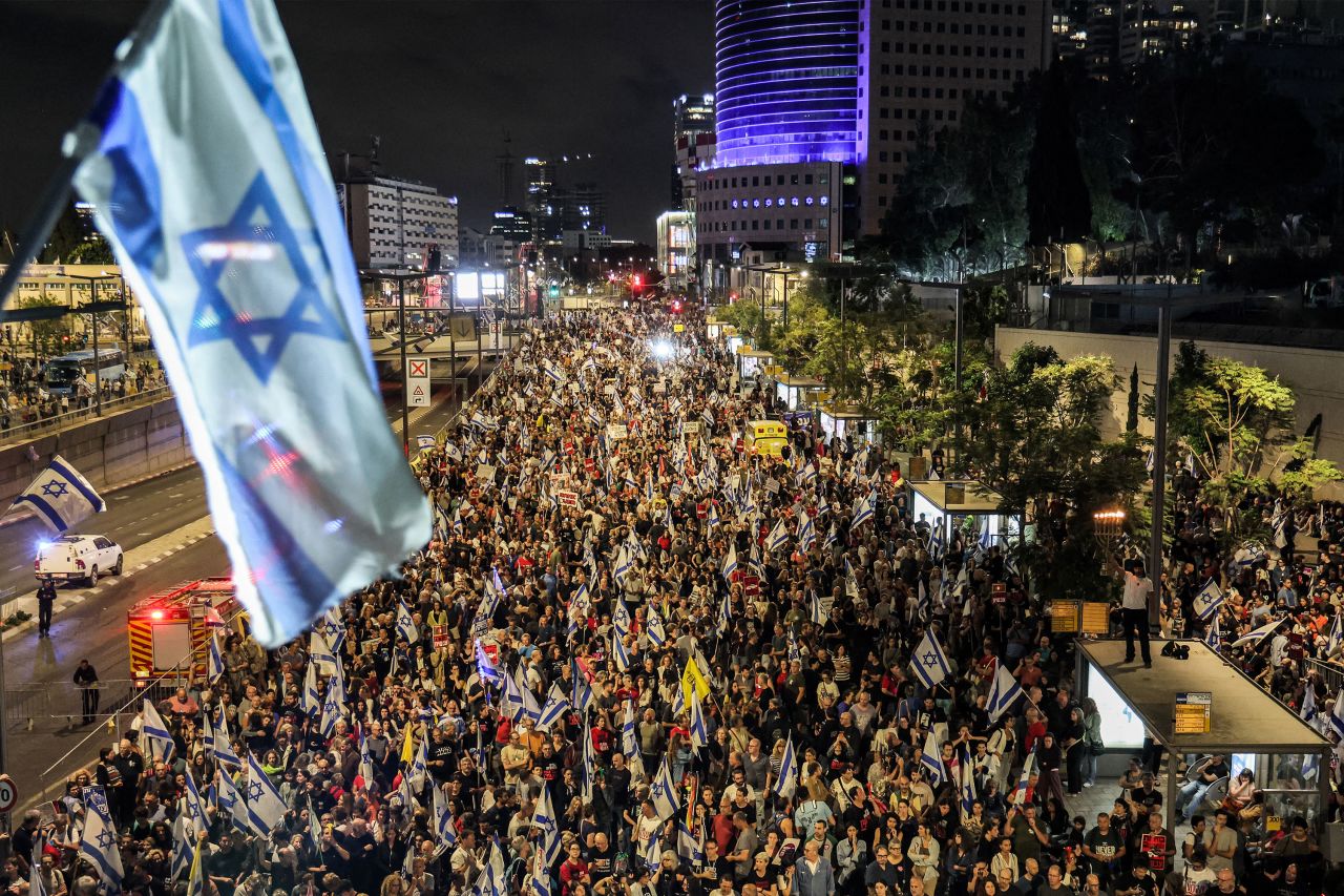 Demonstrators gather during a rally calling for the hostages' release May 11 in Tel Aviv, Israel. 