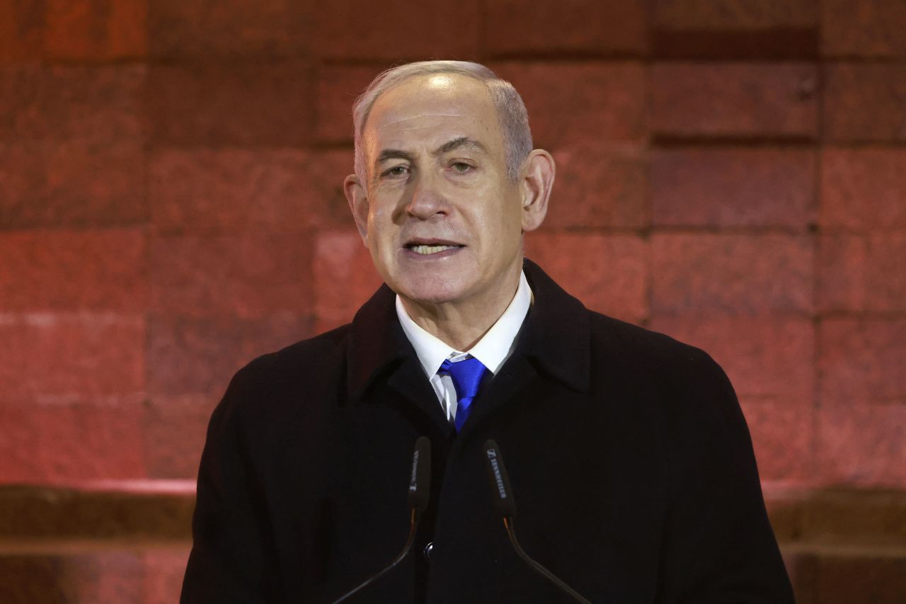 Israel's Prime Minister Benjamin Netanyahu speaks during a ceremony marking Holocaust Remembrance Day in Jerusalem on May 5. 