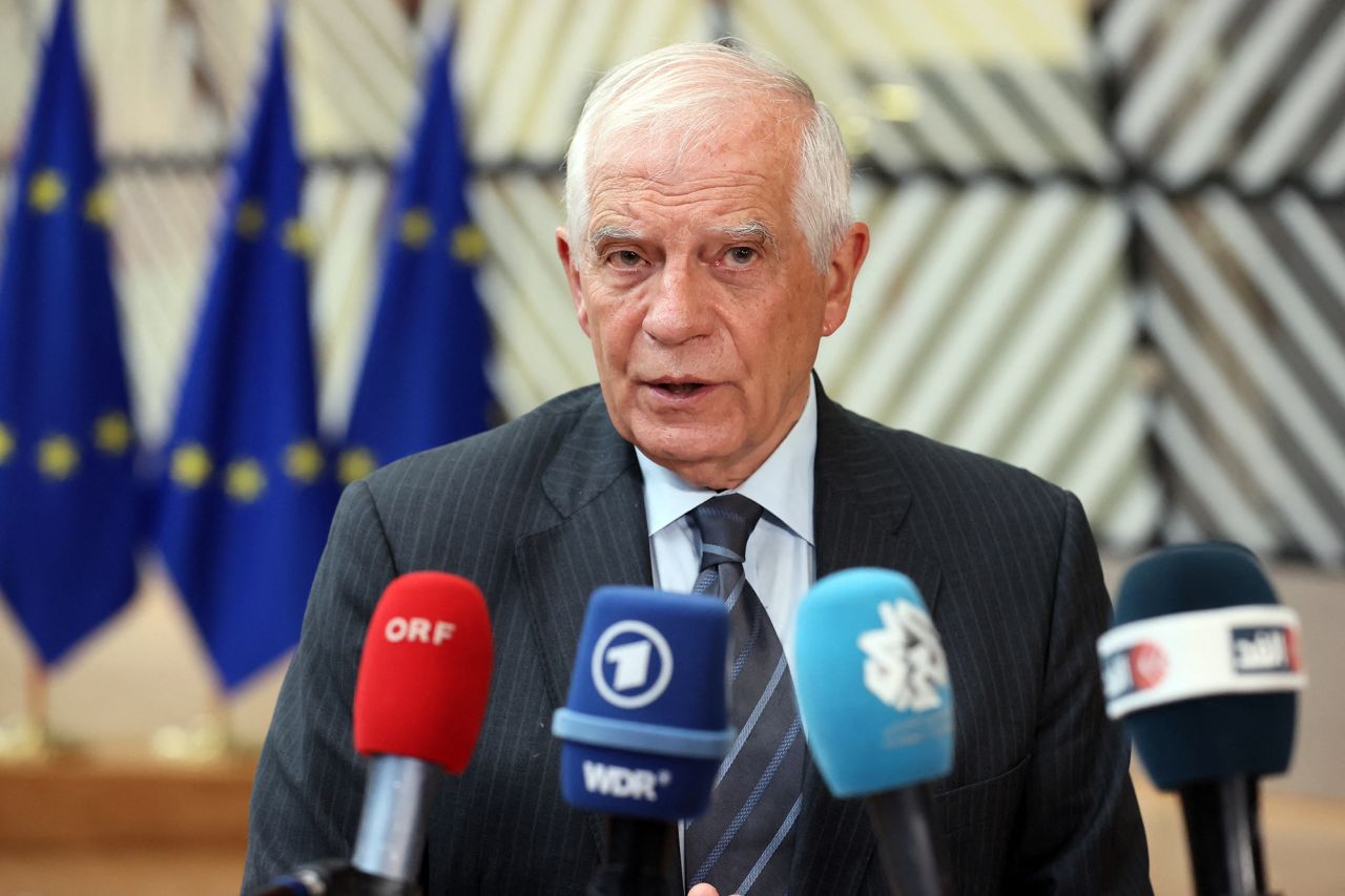 European Union High Representative for Foreign Affairs and Security Policy Josep Borrell speaks to the media ahead of a meeting at the EU headquarters in Brussels, Belgium, on May 27.