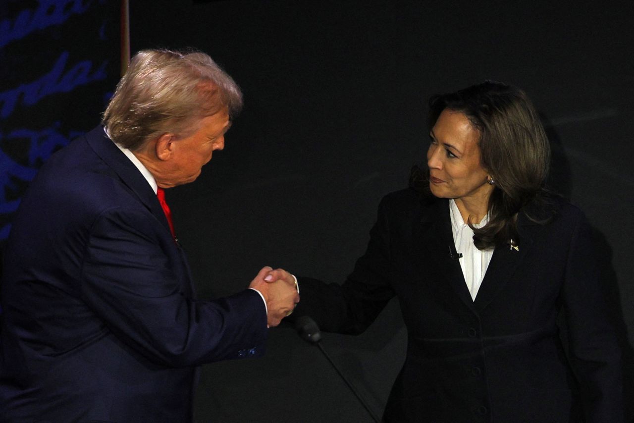 Former President Donald Trump and Vice President Kamala Harris shake hands at the beginning of the debate on Tuesday.