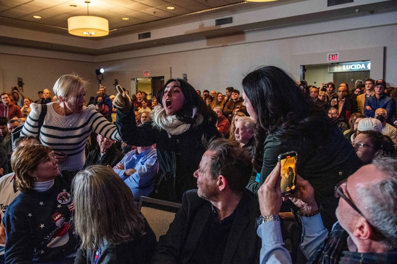 A climate activist interrupts Republican presidential candidate Nikki Haley’s event in Nashua, New Hampshire, on Saturday. 